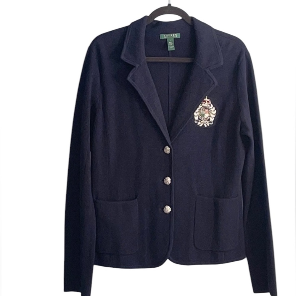 LAUREN Ralph Lauren embroidered crest patch cotton knit navy blazer